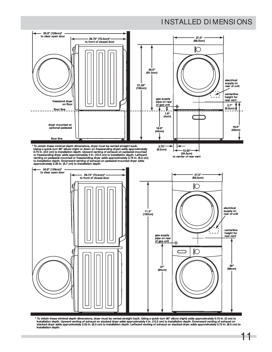 Frigidaire 137134900B important safety instructions Installed Dimensions 