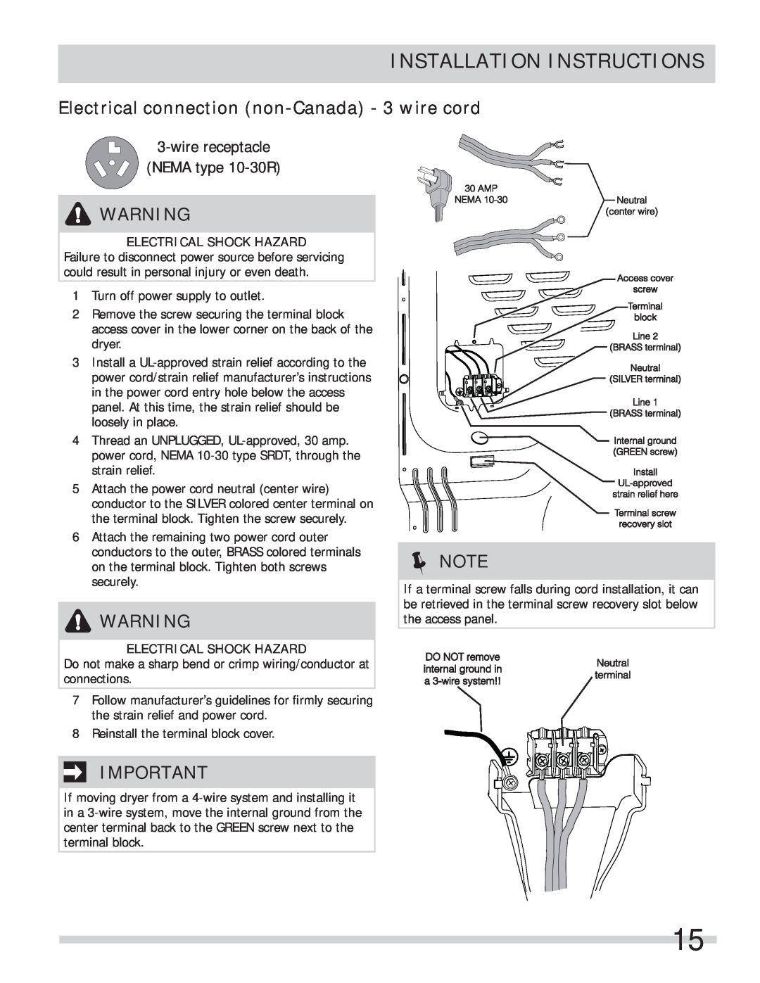 Frigidaire 137134900B Electrical connection non-Canada - 3 wire cord, Installation Instructions, Electrical Shock Hazard 