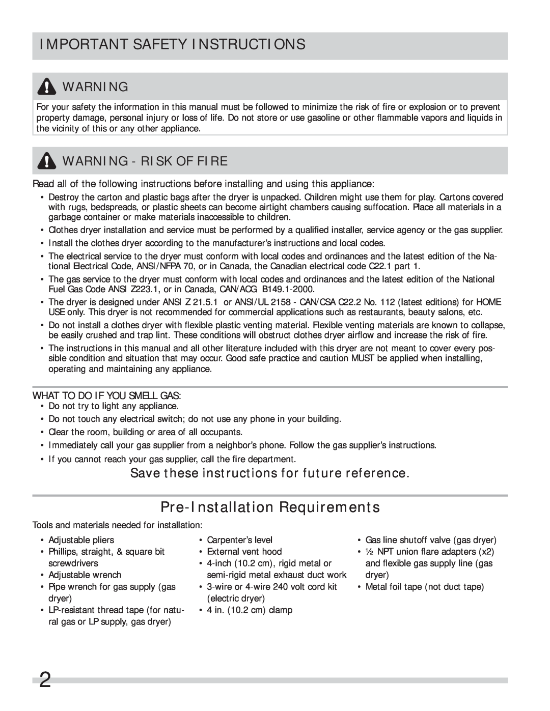 Frigidaire 137134900B Important Safety Instructions, Pre-Installation Requirements, Warning - Risk Of Fire 