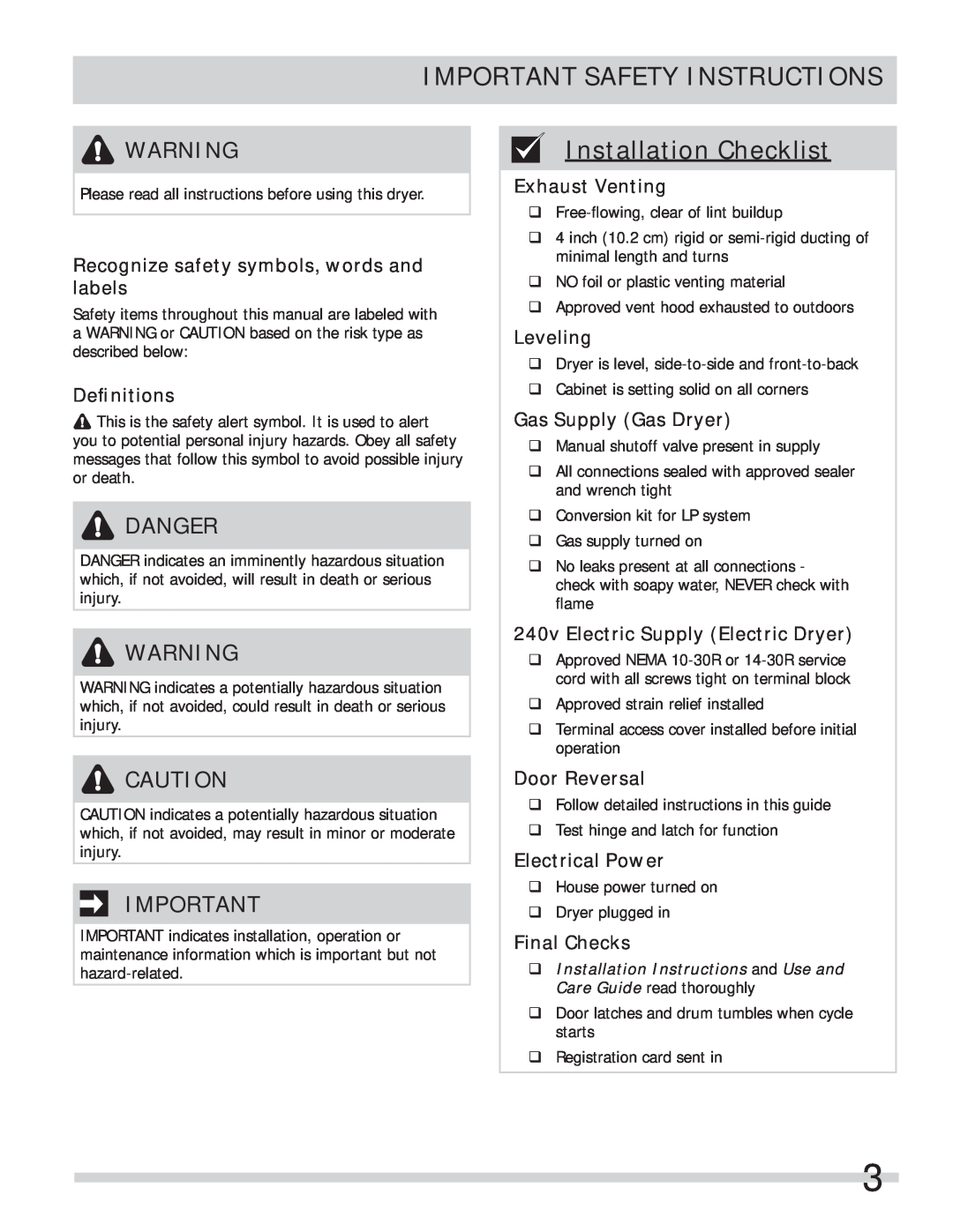 Frigidaire 137134900B Installation Checklist, Danger, Recognize safety symbols, words and labels, Deﬁnitions, Leveling 