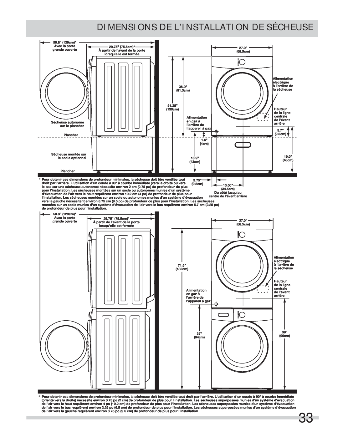 Frigidaire 137134900B important safety instructions Dimensions De L’Installation De Sécheuse 