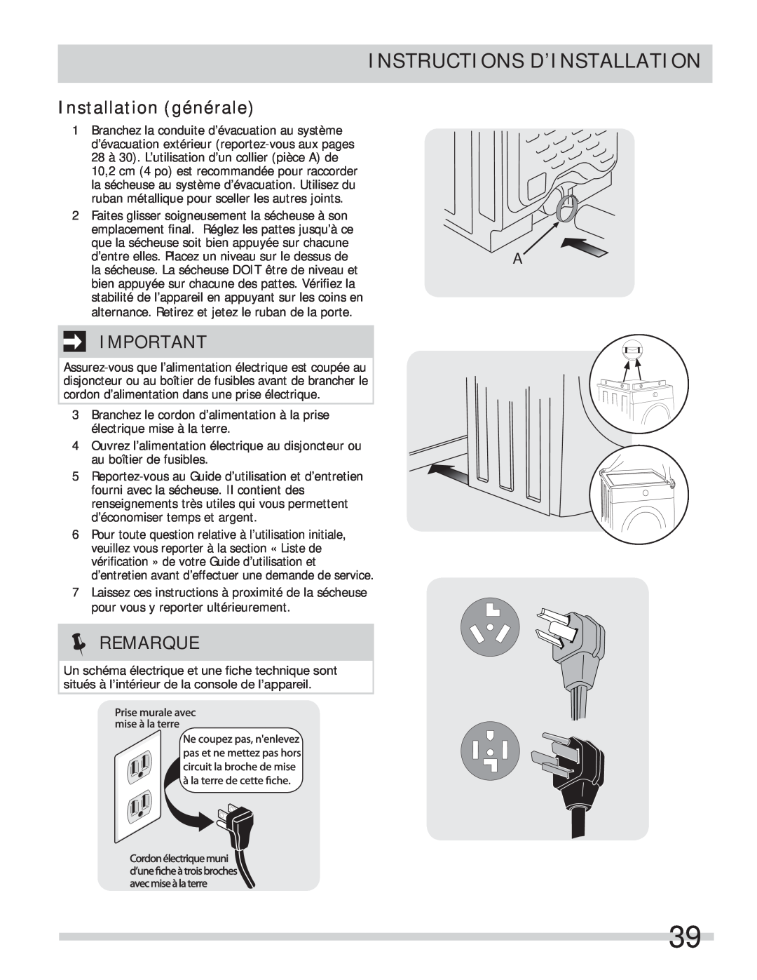 Frigidaire 137134900B important safety instructions Installation générale, Instructions D’Installation, Remarque 