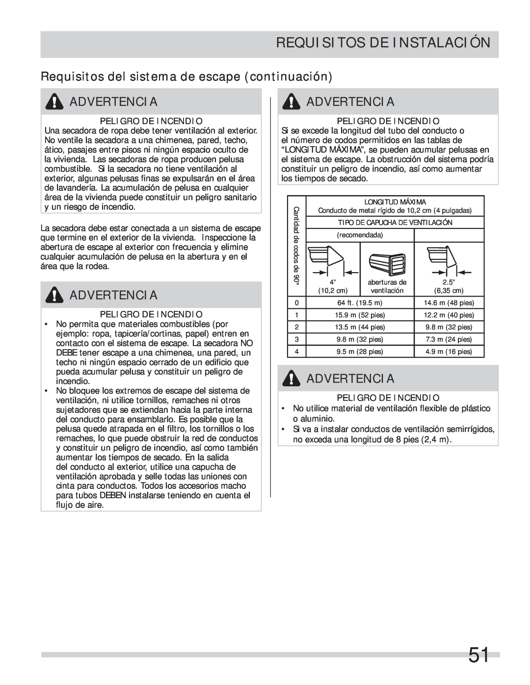 Frigidaire 137134900B Requisitos del sistema de escape continuación, Requisitos De Instalación, Advertencia 