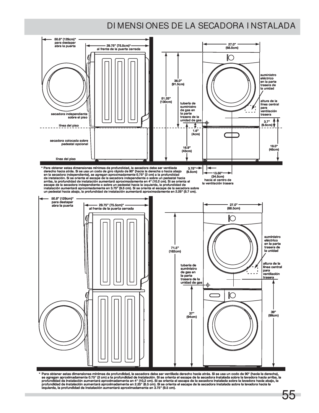 Frigidaire 137134900B important safety instructions Dimensiones De La Secadora Instalada 