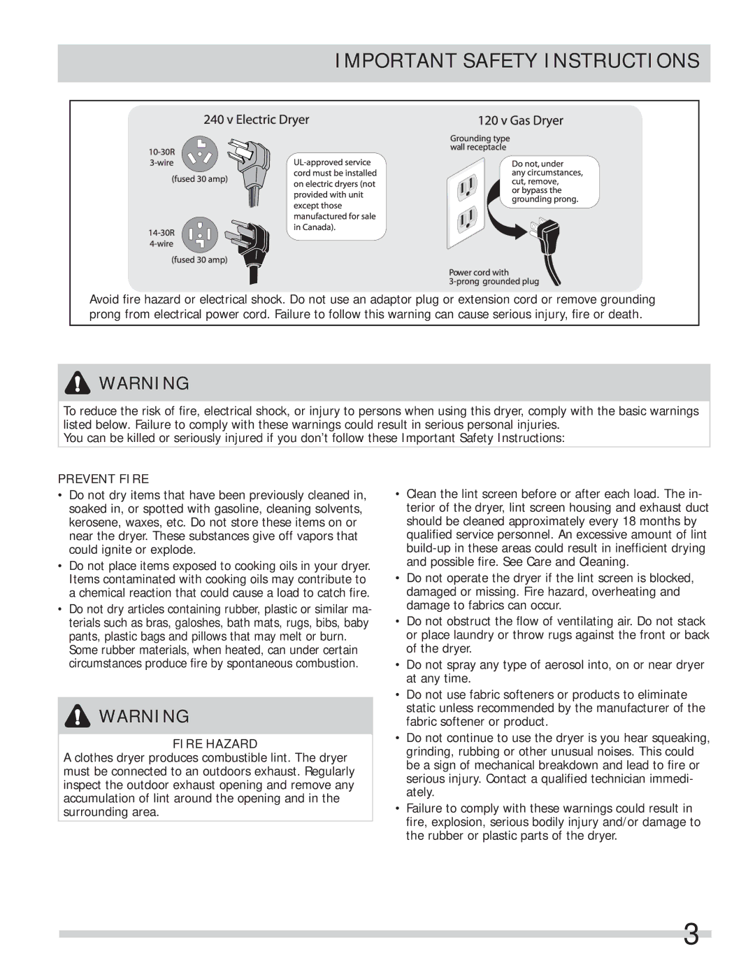 Frigidaire 137135000B important safety instructions Electric Dryer 