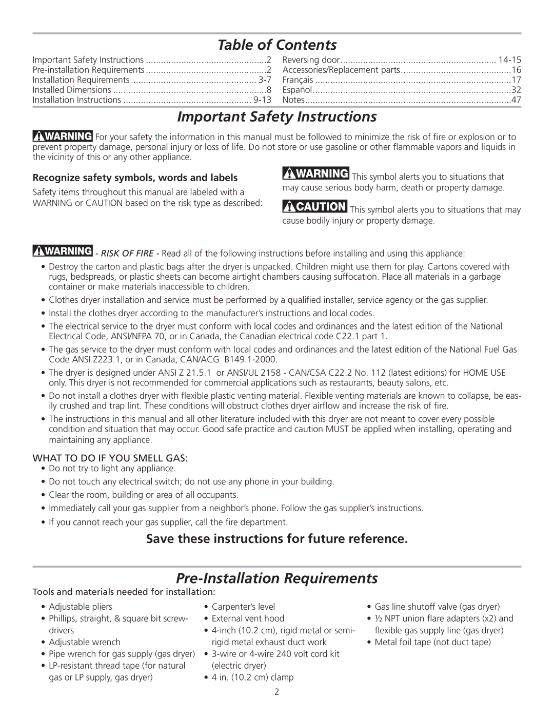 Frigidaire 137135100B, GLGQ2170KE Table of Contents, Important Safety Instructions, Pre-Installation Requirements 