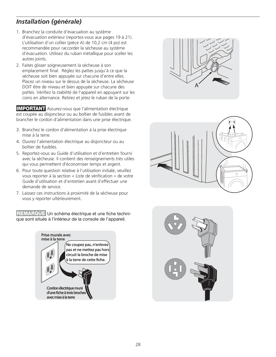 Frigidaire 137135100B, GLGQ2170KE installation instructions Installation générale 