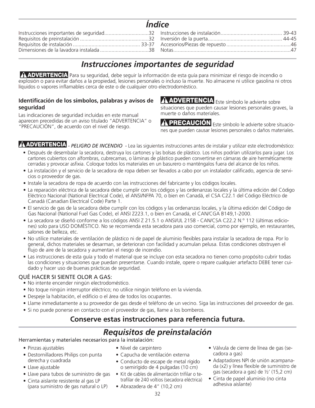 Frigidaire 137135100B, GLGQ2170KE Índice, Instrucciones importantes de seguridad, Requisitos de preinstalación 