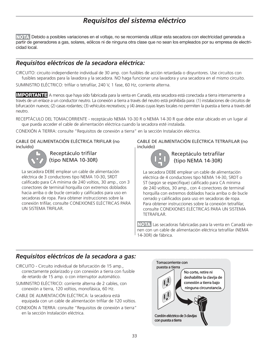 Frigidaire GLGQ2170KE, 137135100B Requisitos del sistema eléctrico, Requisitos eléctricos de la secadora eléctrica 