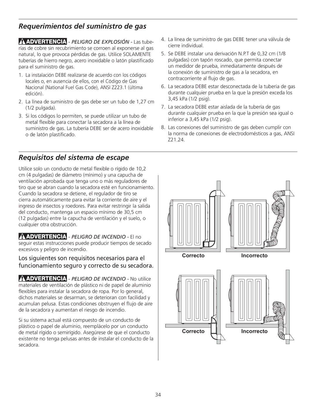 Frigidaire 137135100B, GLGQ2170KE Requerimientos del suministro de gas, Requisitos del sistema de escape 