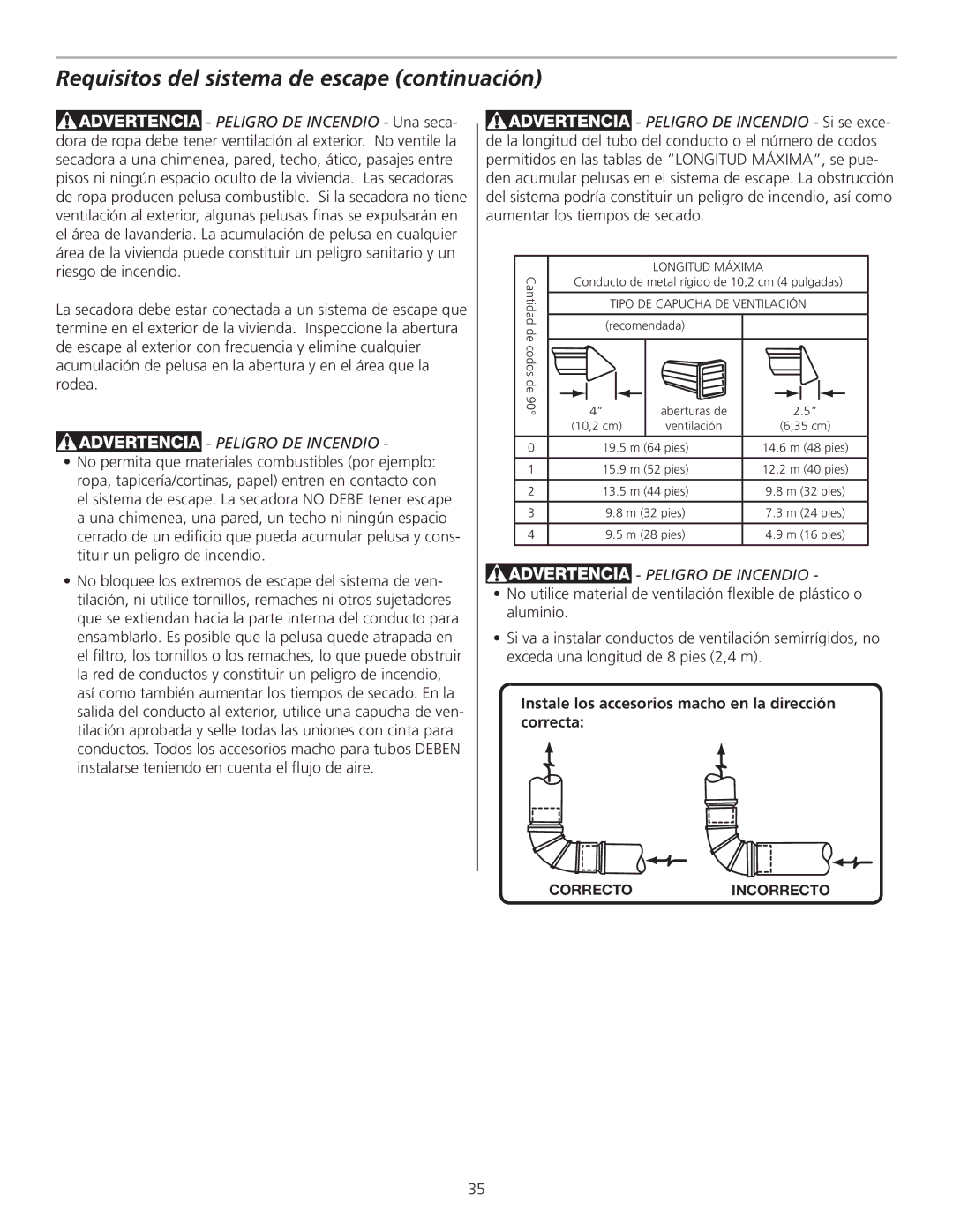 Frigidaire GLGQ2170KE, 137135100B Requisitos del sistema de escape continuación, Peligro DE Incendio 