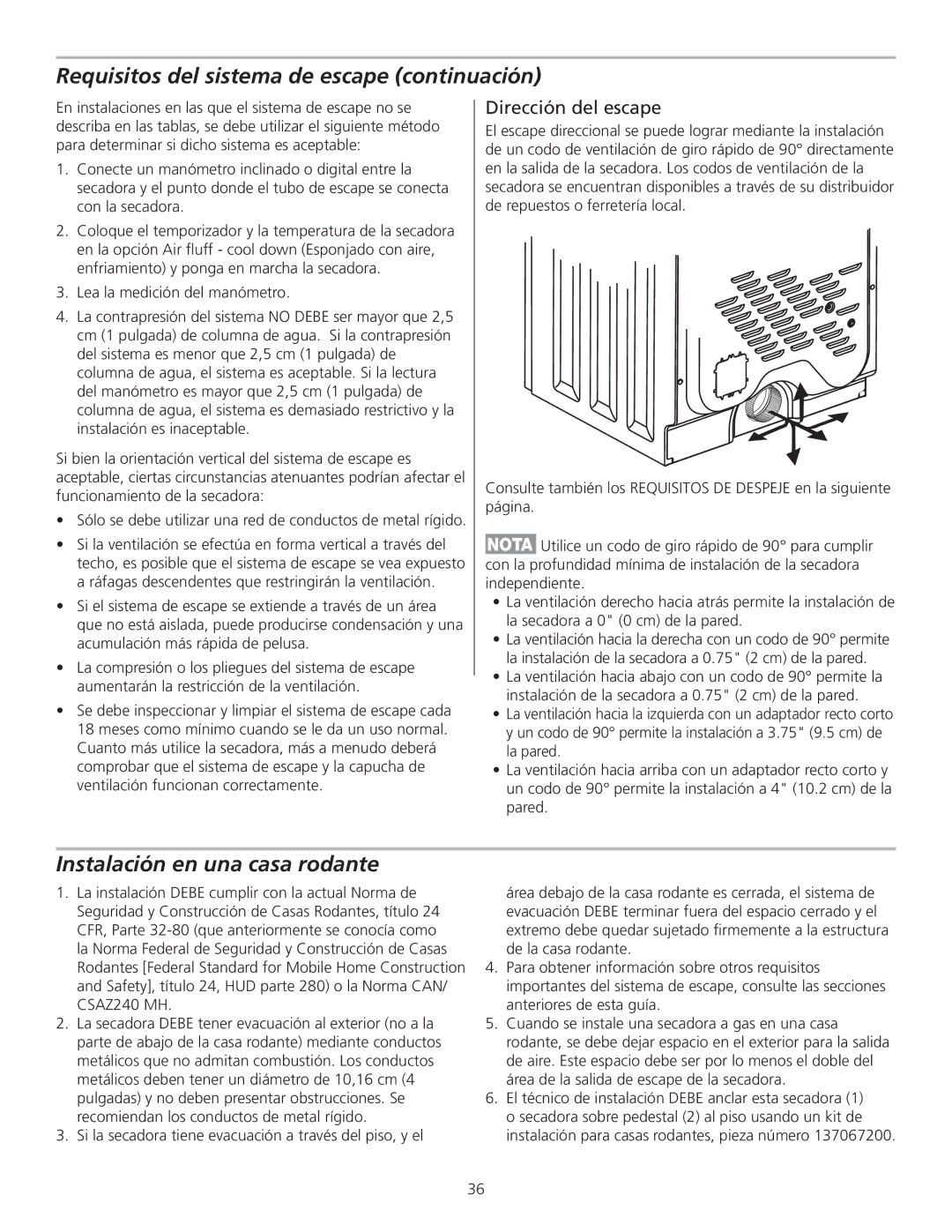 Frigidaire 137135100B, GLGQ2170KE installation instructions Instalación en una casa rodante, Dirección del escape 