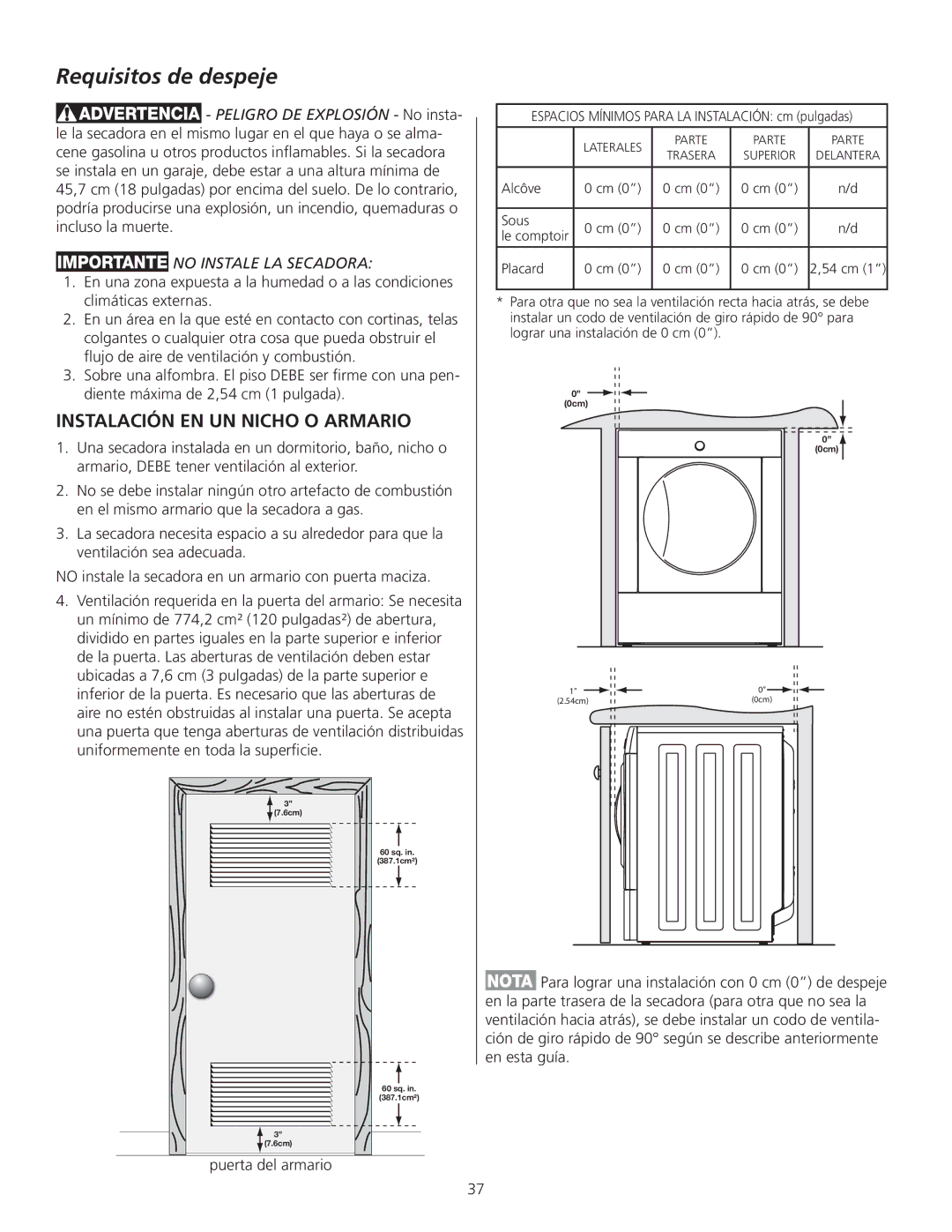 Frigidaire GLGQ2170KE, 137135100B Requisitos de despeje, No Instale LA Secadora, Puerta del armario 