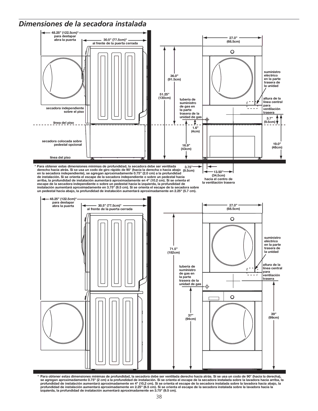 Frigidaire 137135100B, GLGQ2170KE installation instructions Dimensiones de la secadora instalada 