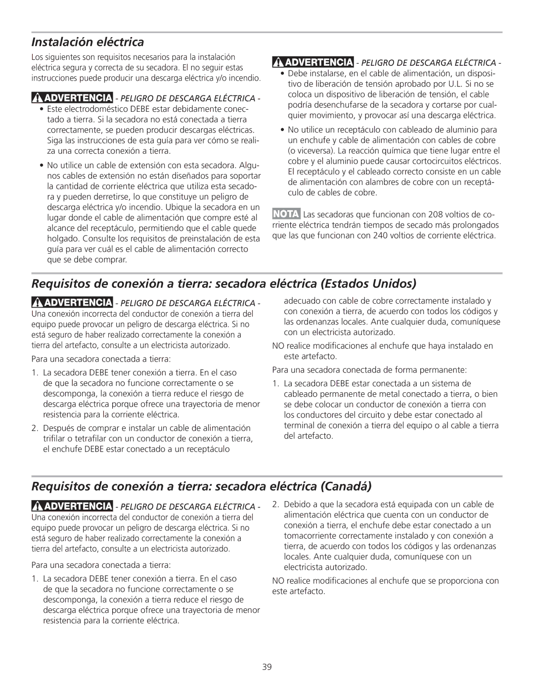 Frigidaire GLGQ2170KE, 137135100B Instalación eléctrica, Requisitos de conexión a tierra secadora eléctrica Canadá 