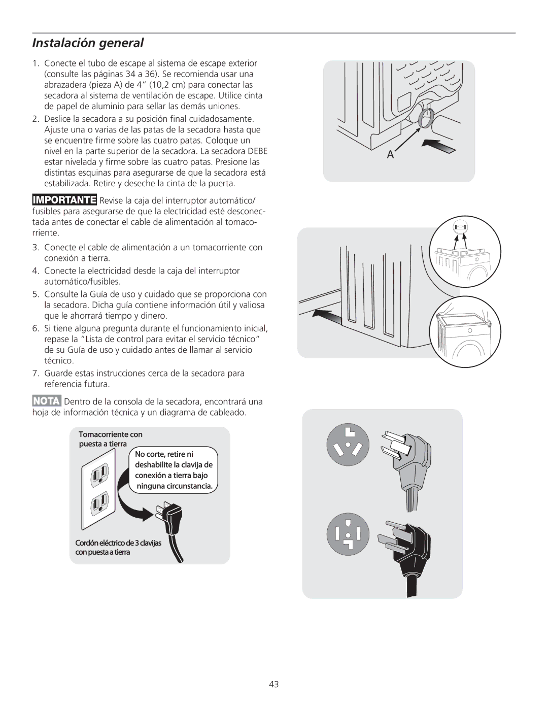 Frigidaire GLGQ2170KE, 137135100B installation instructions Instalación general 