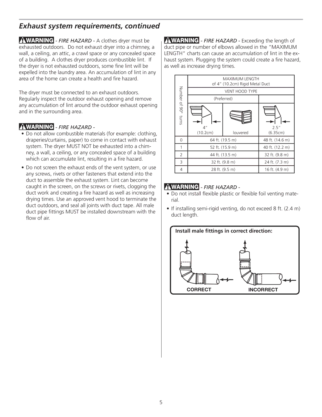 Frigidaire GLGQ2170KE, 137135100B installation instructions Exhaust system requirements 