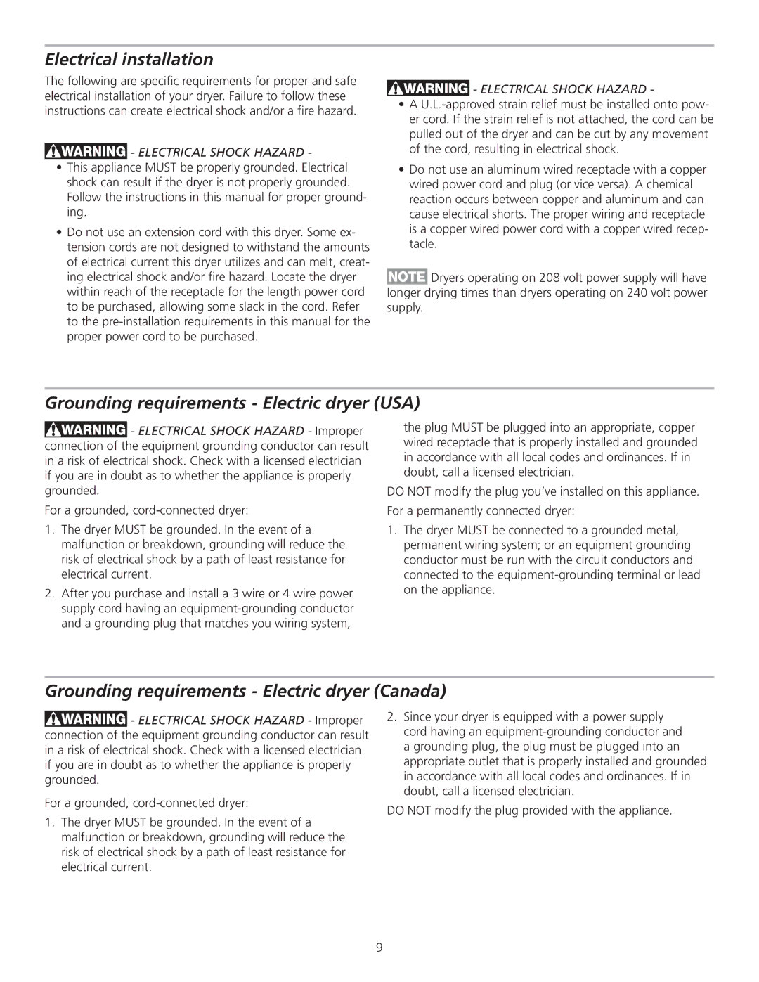 Frigidaire GLGQ2170KE Electrical installation, Grounding requirements Electric dryer USA, Electrical Shock Hazard 