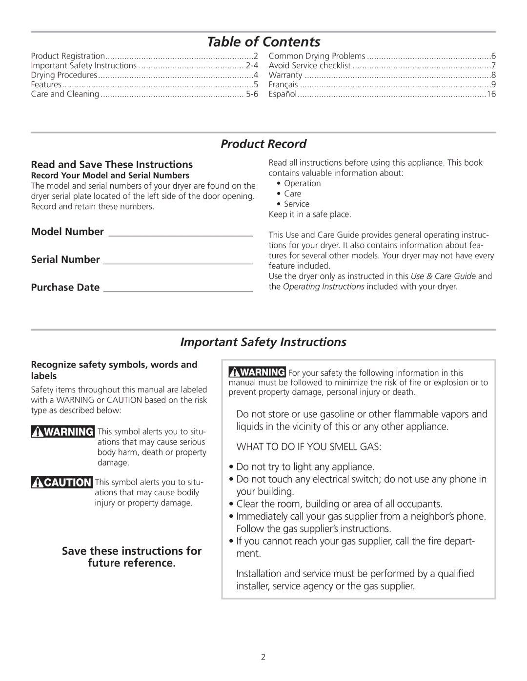 Frigidaire 137135200A manual Table of Contents 