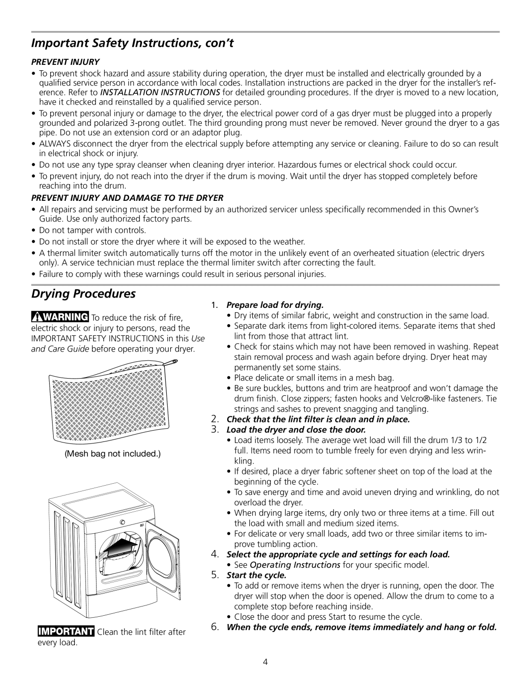 Frigidaire 137135200A manual Drying Procedures, Prevent Injury 