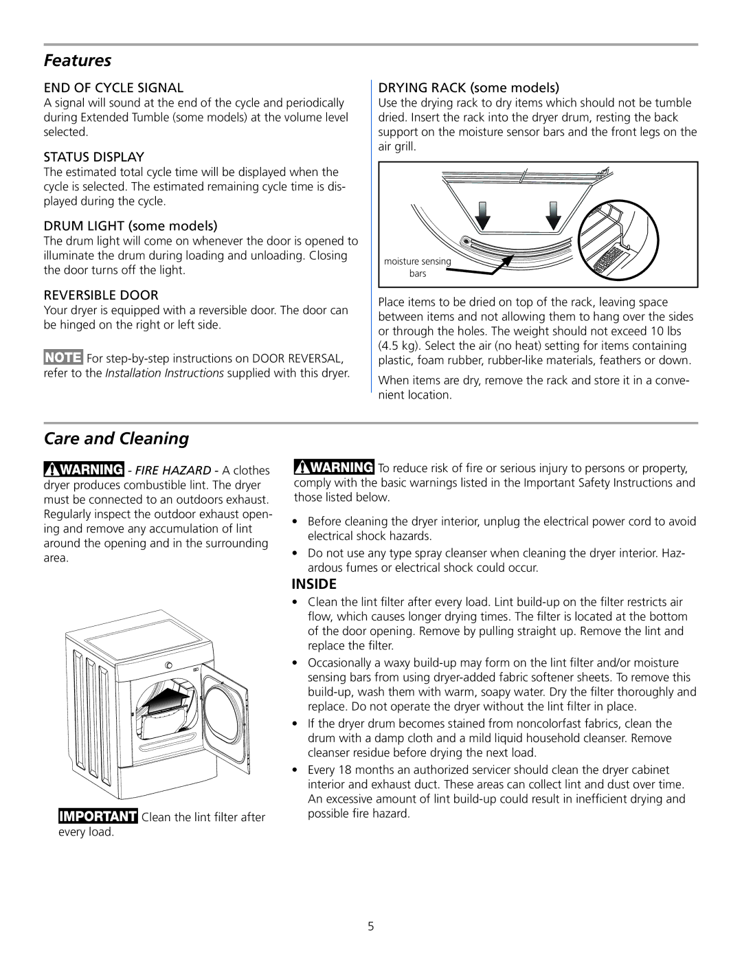 Frigidaire 137135200A manual Features, Care and Cleaning 