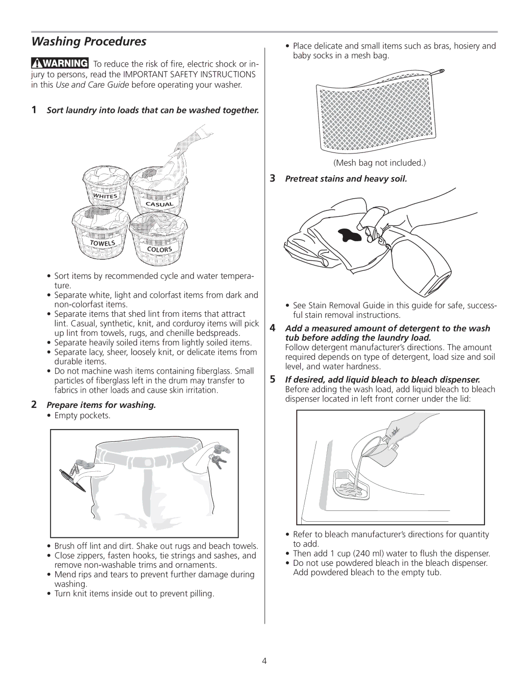 Frigidaire 137153200A Washing Procedures, Sort laundry into loads that can be washed together, Prepare items for washing 