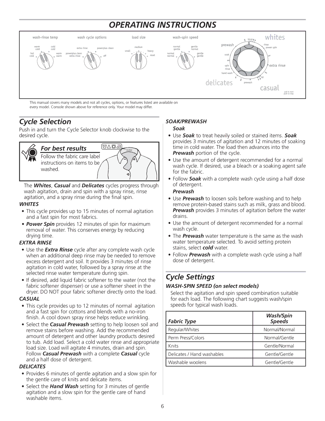 Frigidaire 137153200A manual Cycle Selection, Cycle Settings, For best results 