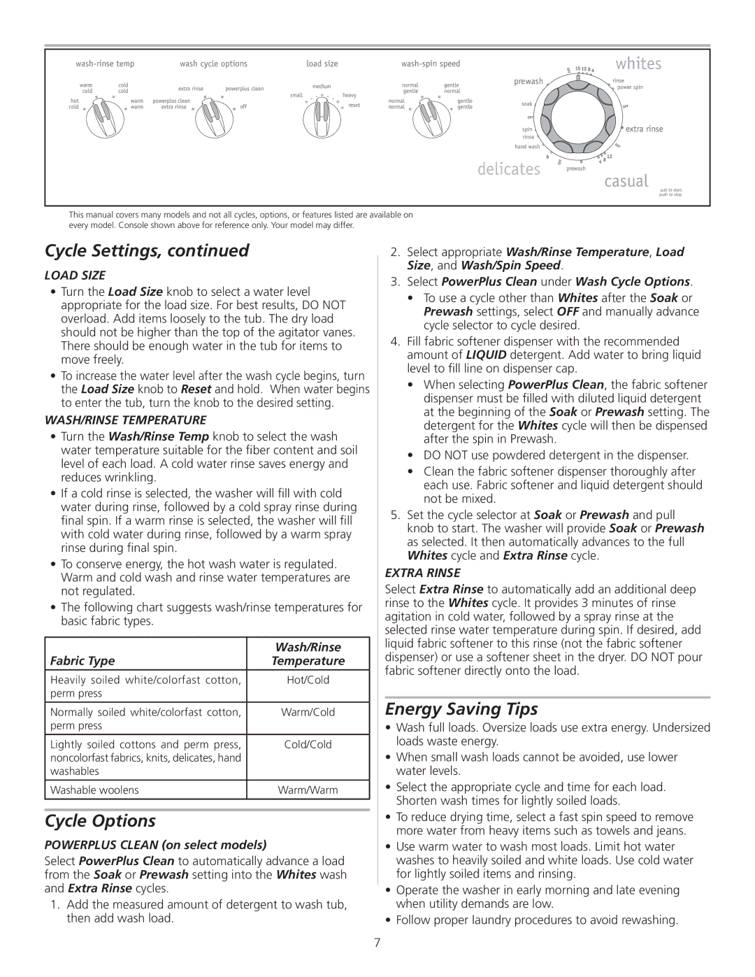 Frigidaire 137153200A manual Cycle Options, Energy Saving Tips, Load Size, WASH/RINSE Temperature 