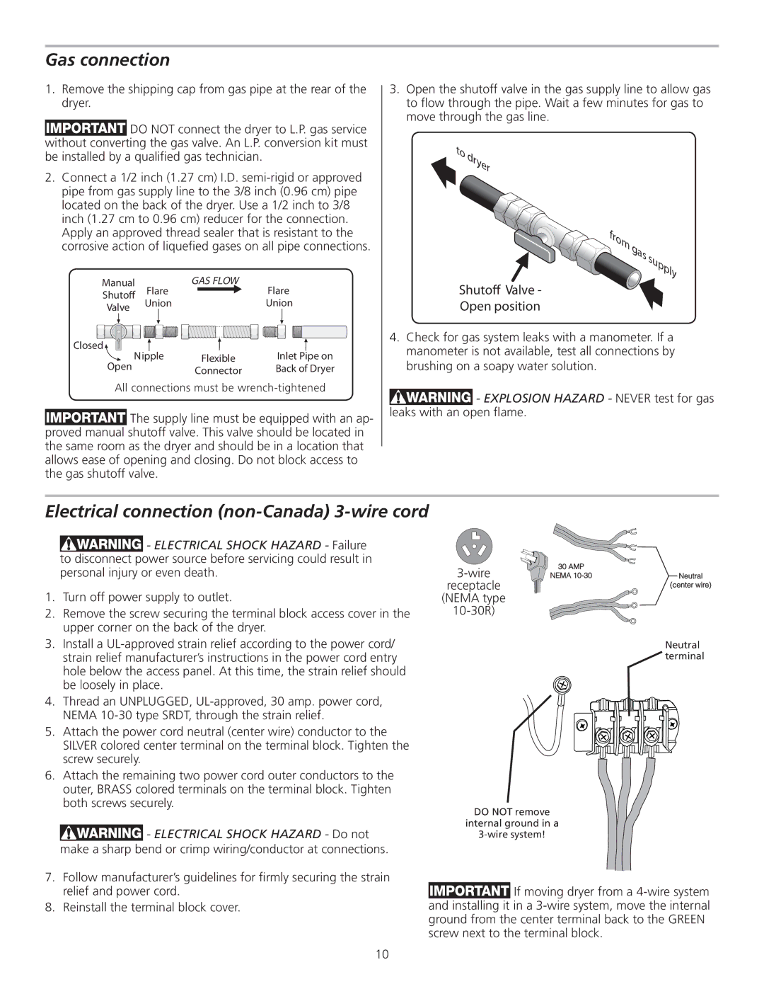 Frigidaire 137153400A installation instructions Gas connection, Wire, 10-30R 