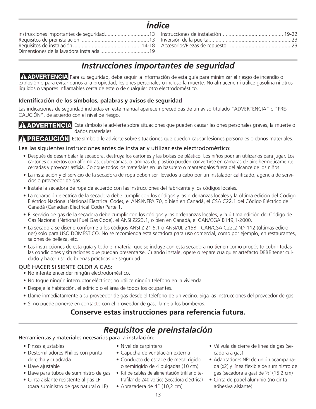 Frigidaire 137153400A Índice, Instrucciones importantes de seguridad, Requisitos de preinstalación 