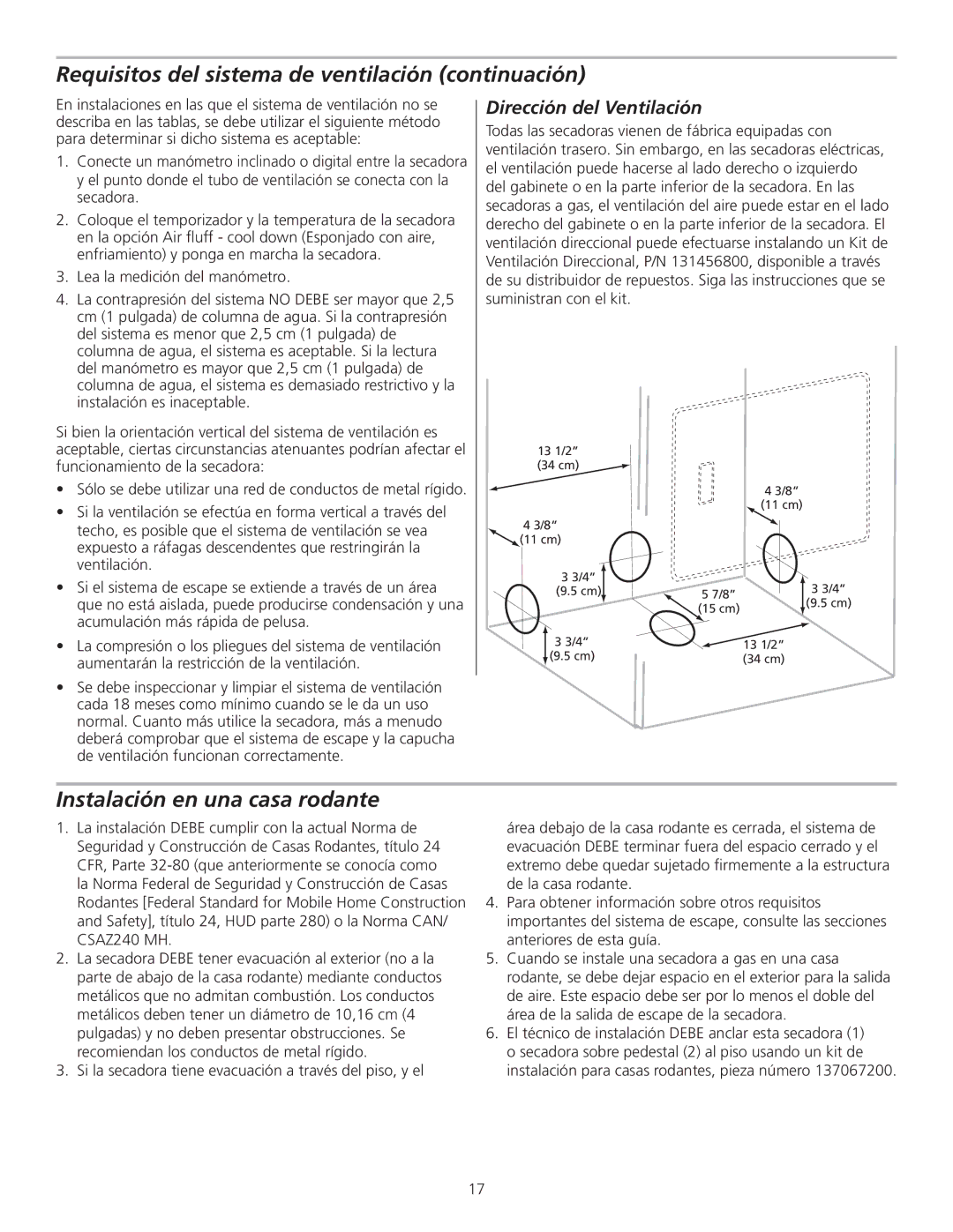 Frigidaire 137153400A Requisitos del sistema de ventilación continuación, Instalación en una casa rodante 