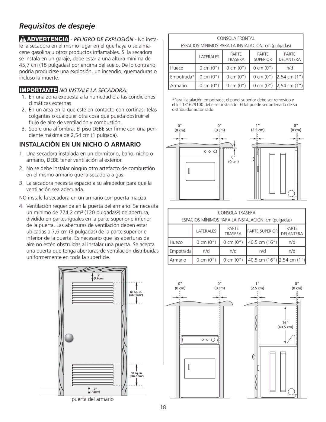 Frigidaire 137153400A installation instructions Requisitos de despeje, No Instale LA Secadora, Puerta del armario 