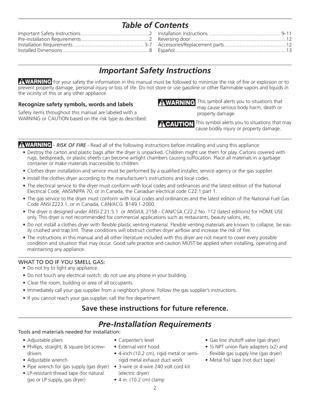 Frigidaire 137153400A Table of Contents, Important Safety Instructions, Pre-Installation Requirements 