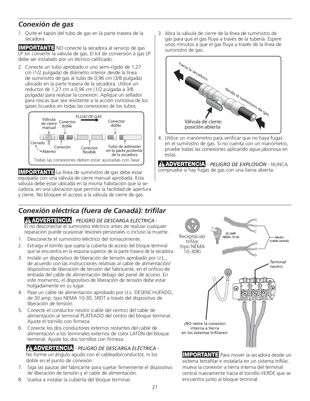 Frigidaire 137153400A installation instructions Conexión de gas, Conexión eléctrica fuera de Canadá triﬁlar, Triﬁlar 