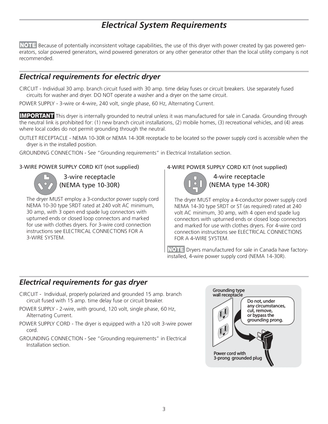 Frigidaire 137153400A installation instructions Electrical System Requirements, Electrical requirements for electric dryer 