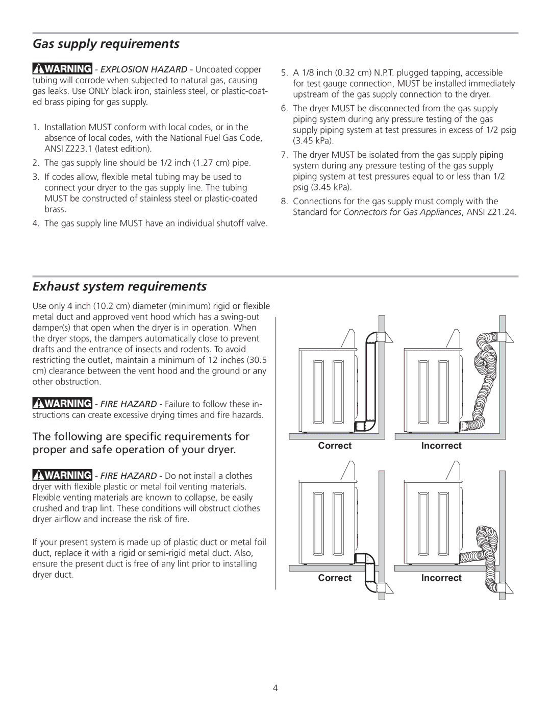 Frigidaire 137153400A installation instructions Gas supply requirements, Exhaust system requirements 