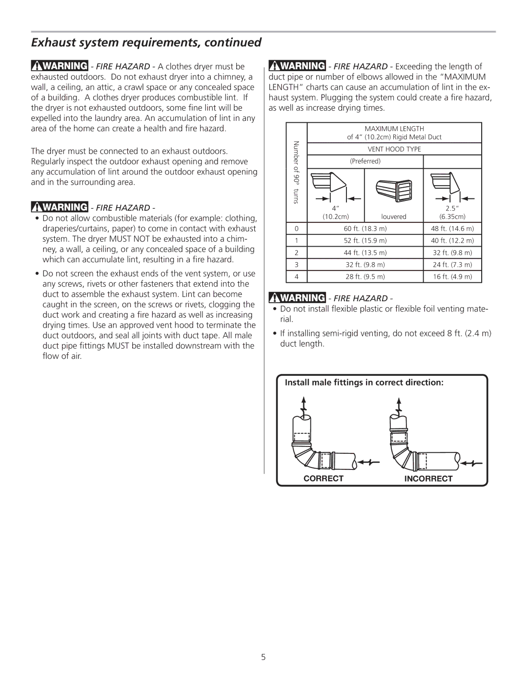 Frigidaire 137153400A installation instructions Exhaust system requirements 