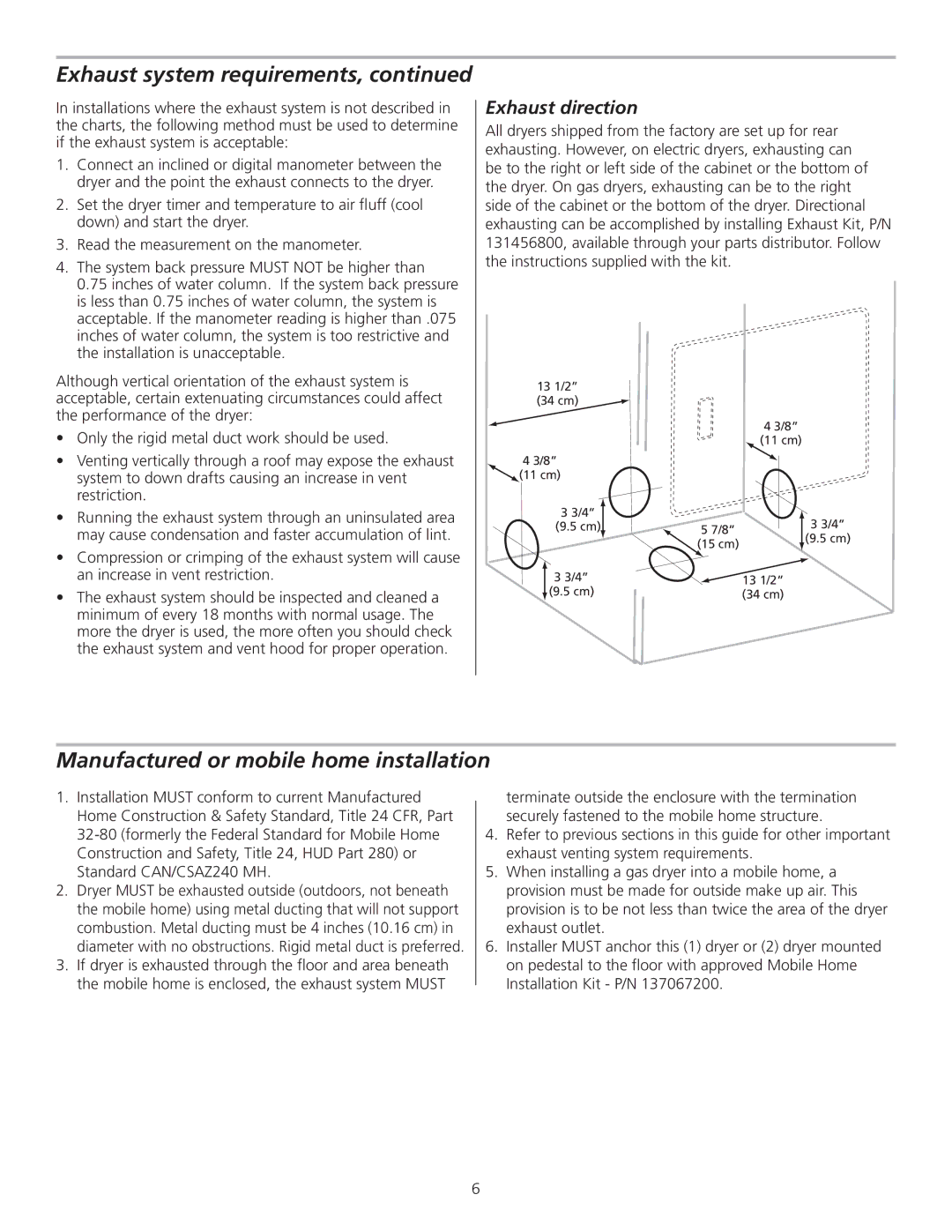 Frigidaire 137153400A installation instructions Manufactured or mobile home installation, Exhaust direction 