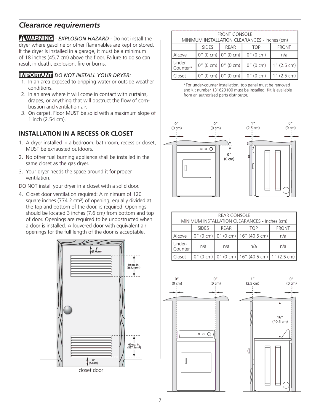 Frigidaire 137153400A installation instructions Clearance requirements, Do not Install Your Dryer, Closet door 