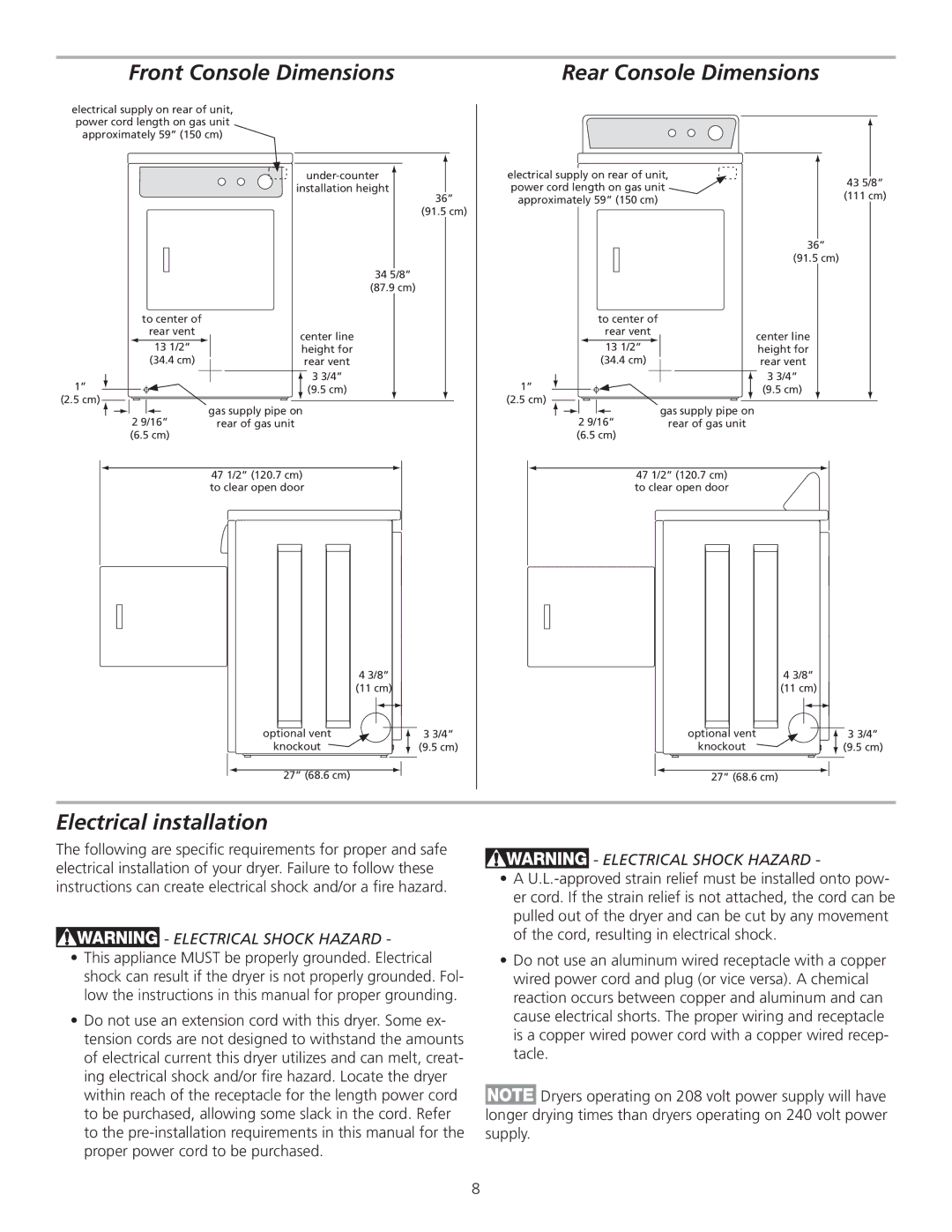 Frigidaire 137153400A Front Console Dimensions, Rear Console Dimensions, Electrical installation, Electrical Shock Hazard 