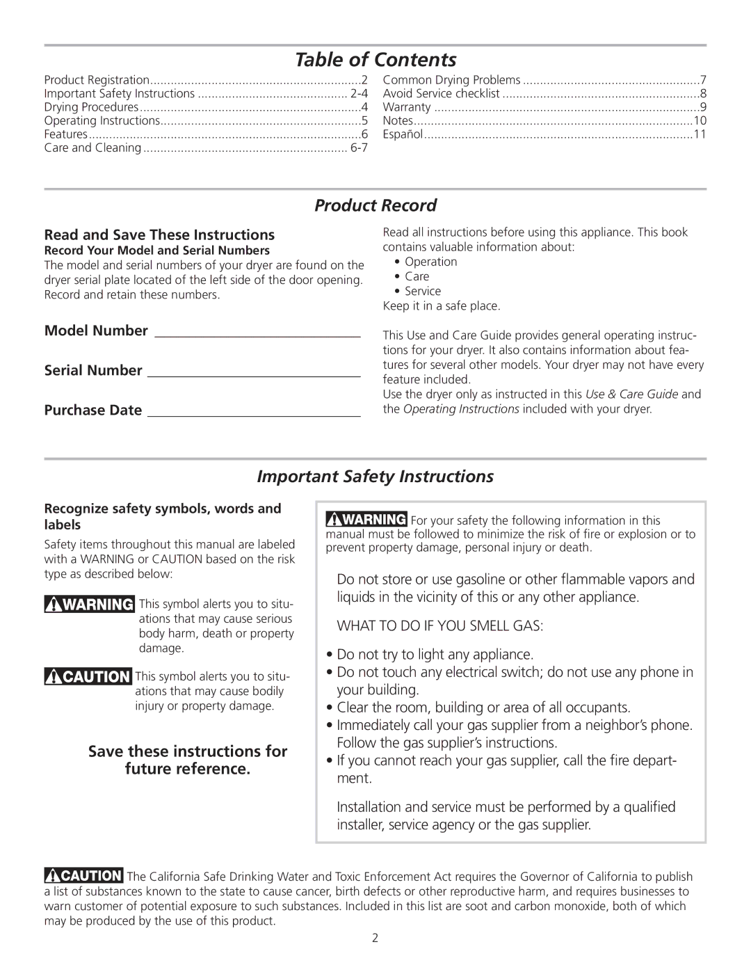 Frigidaire 137153500A manual Table of Contents 