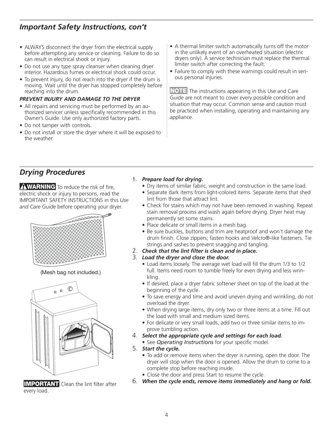 Frigidaire 137153500A Drying Procedures, Prevent Injury and Damage to the Dryer, Prepare load for drying, Start the cycle 