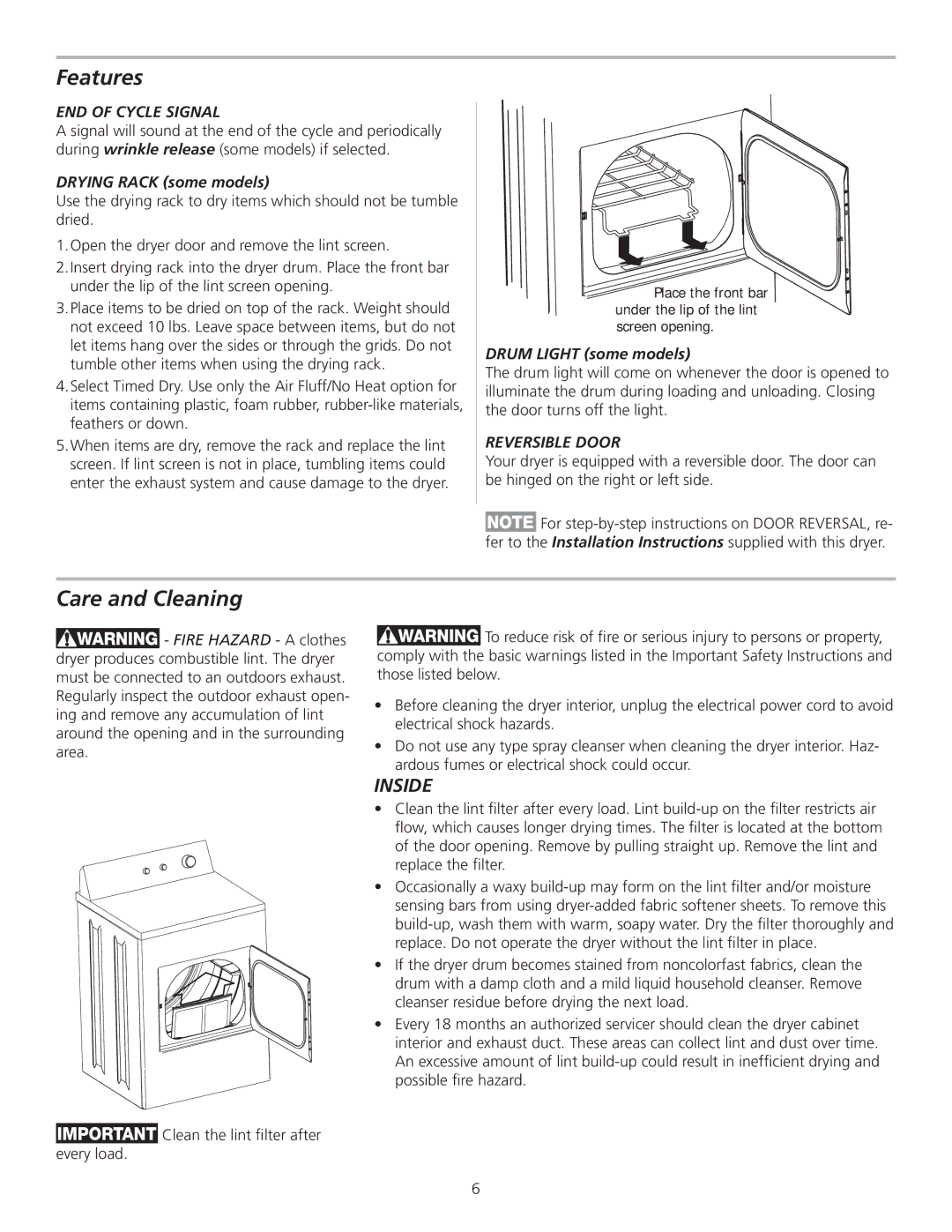 Frigidaire 137153500A manual Features, Care and Cleaning, END of Cycle Signal, Reversible Door 