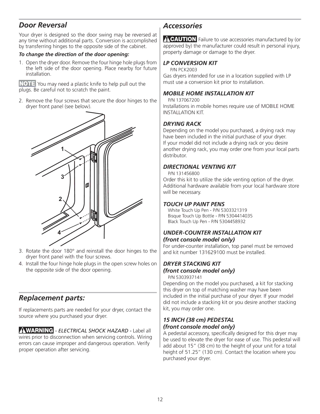 Frigidaire 137153700B installation instructions Door Reversal, Replacement parts, Accessories 