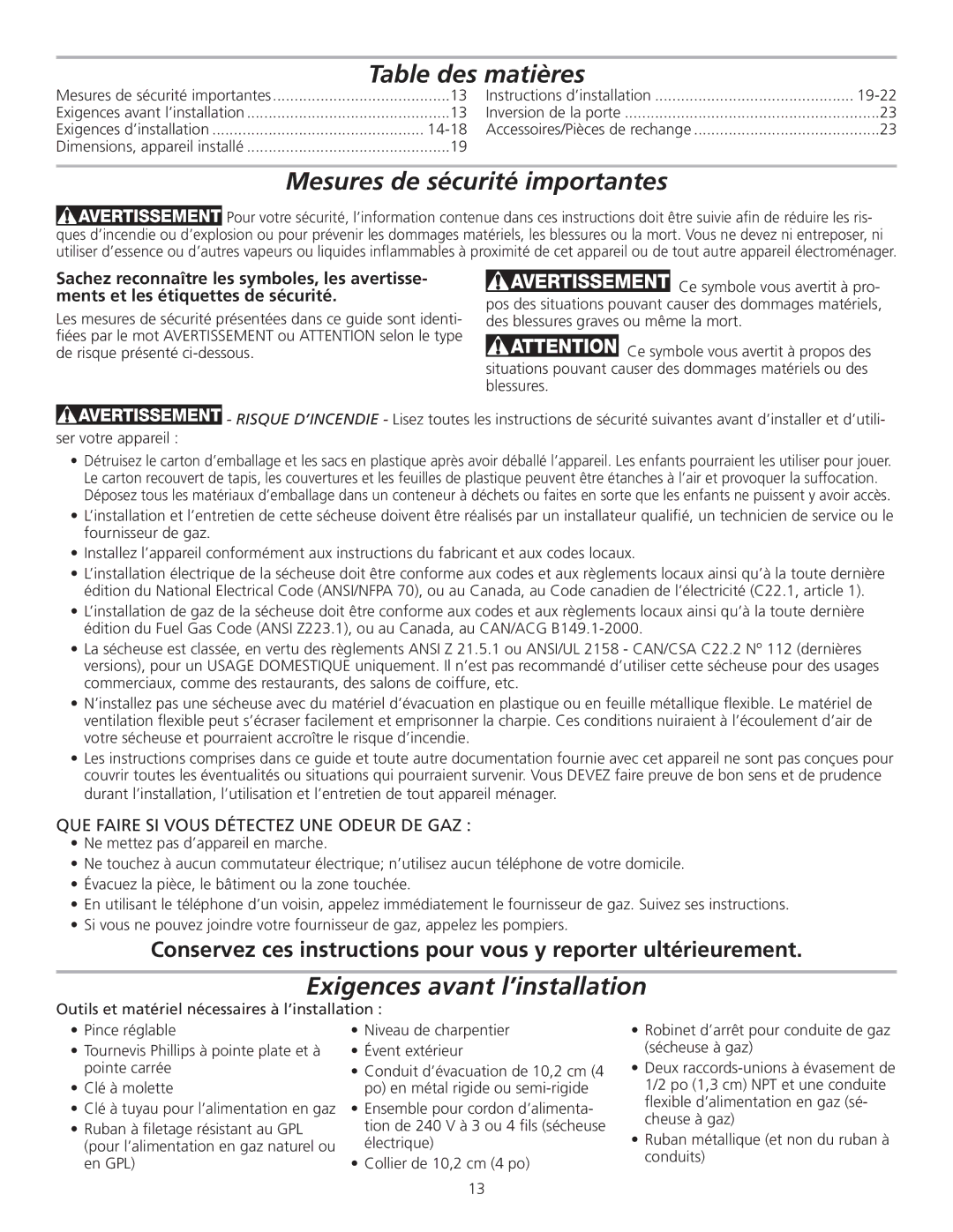 Frigidaire 137153700B Table des matières, Mesures de sécurité importantes, Exigences avant l’installation, 14-18, 19-22 