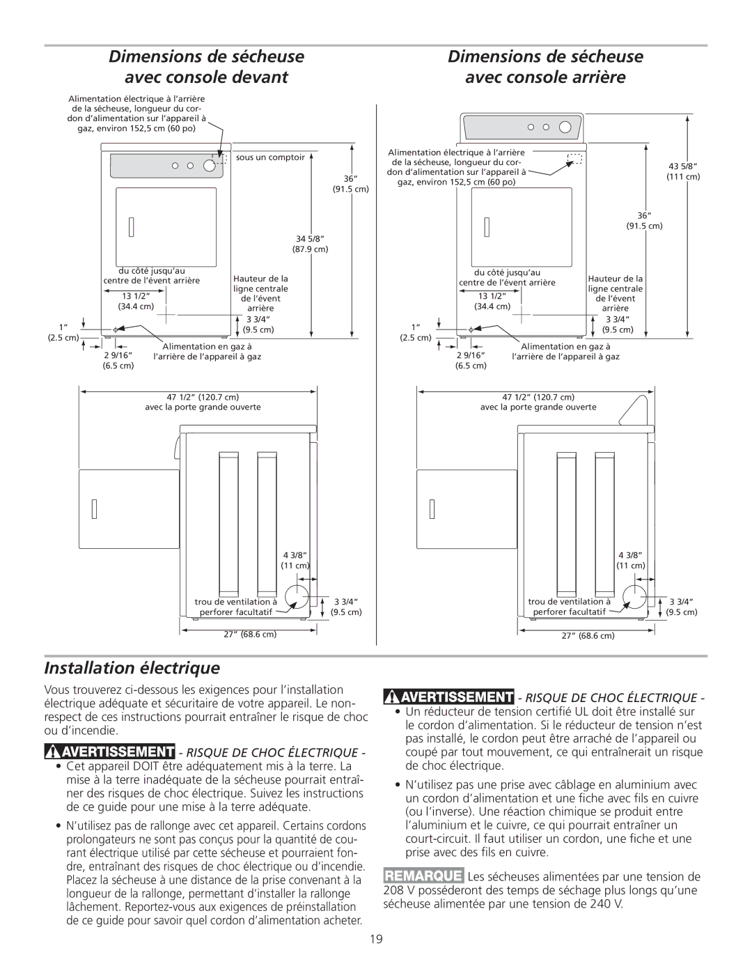 Frigidaire 137153700B Dimensions de sécheuse Avec console devant, Dimensions de sécheuse Avec console arrière 