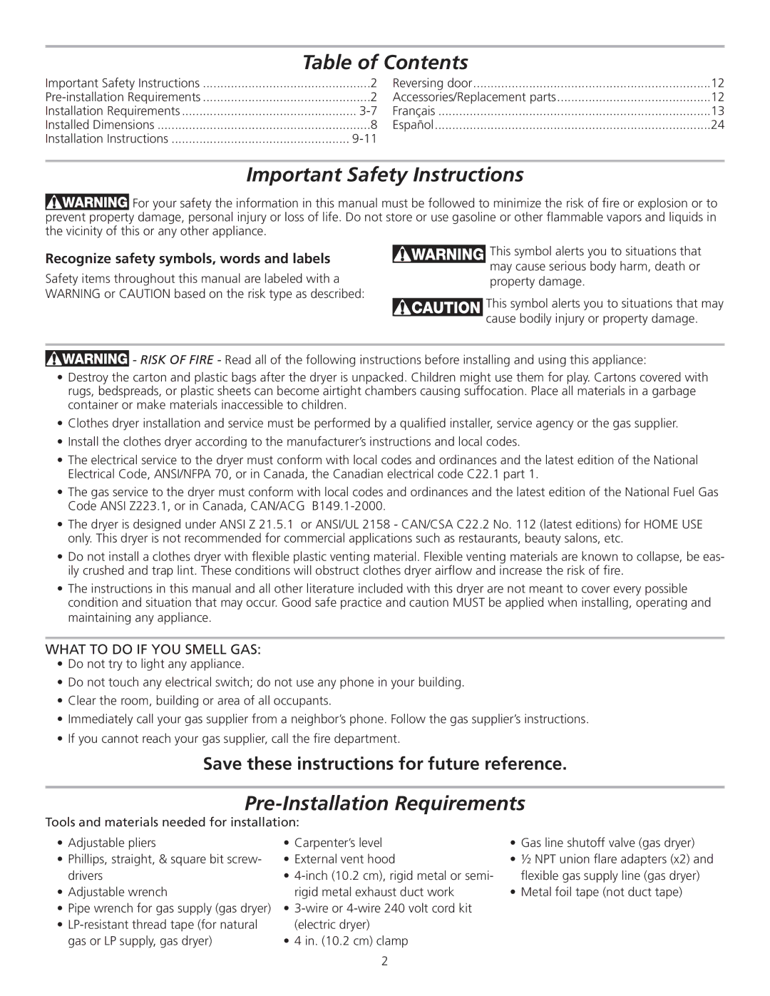 Frigidaire 137153700B Table of Contents, Important Safety Instructions, Pre-Installation Requirements 