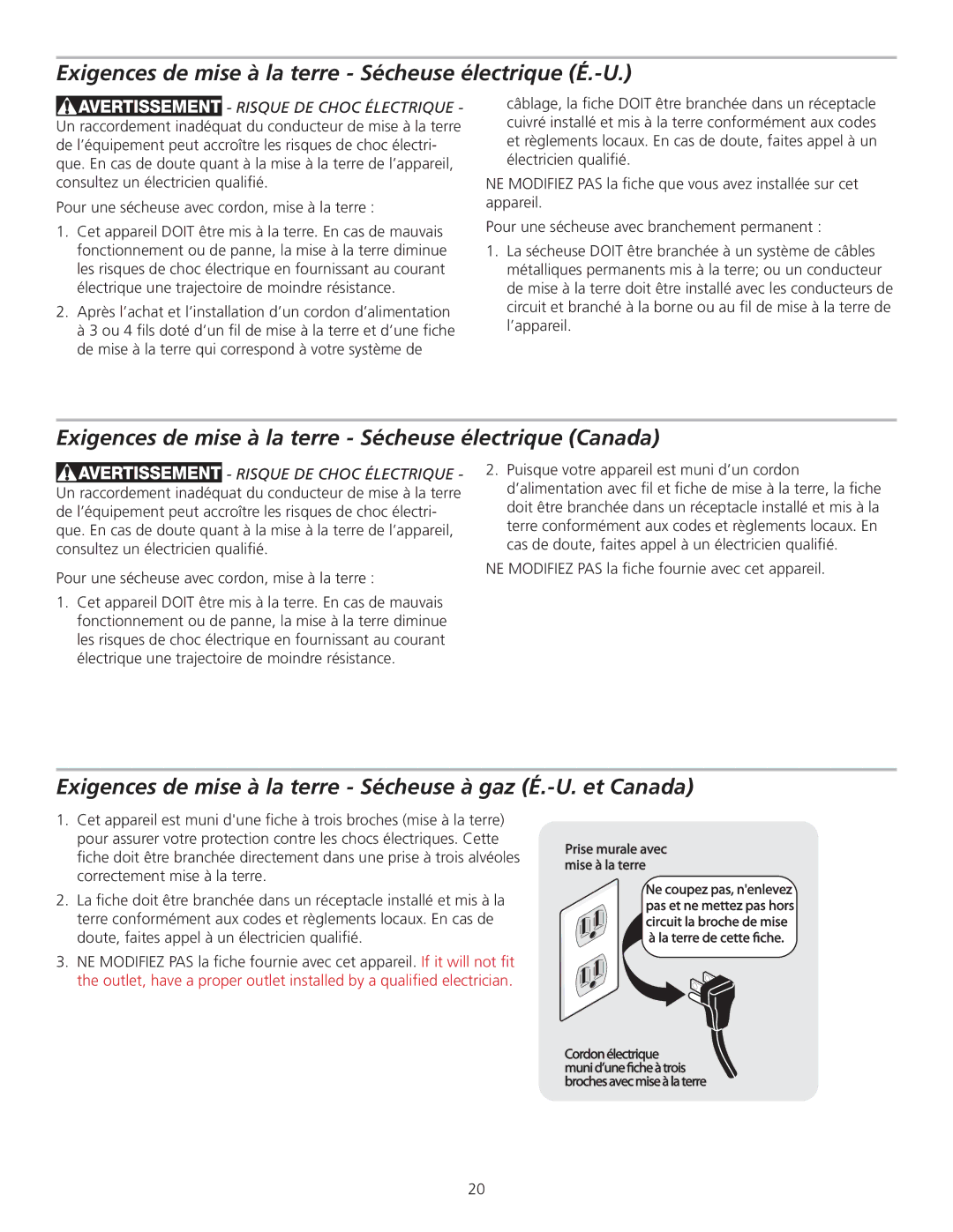 Frigidaire 137153700B installation instructions Exigences de mise à la terre Sécheuse électrique É.-U 