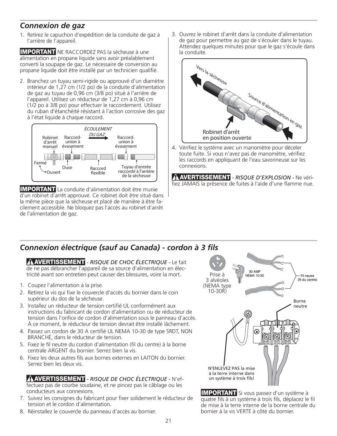 Frigidaire 137153700B installation instructions Connexion de gaz, Connexion électrique sauf au Canada cordon à 3 ﬁls 