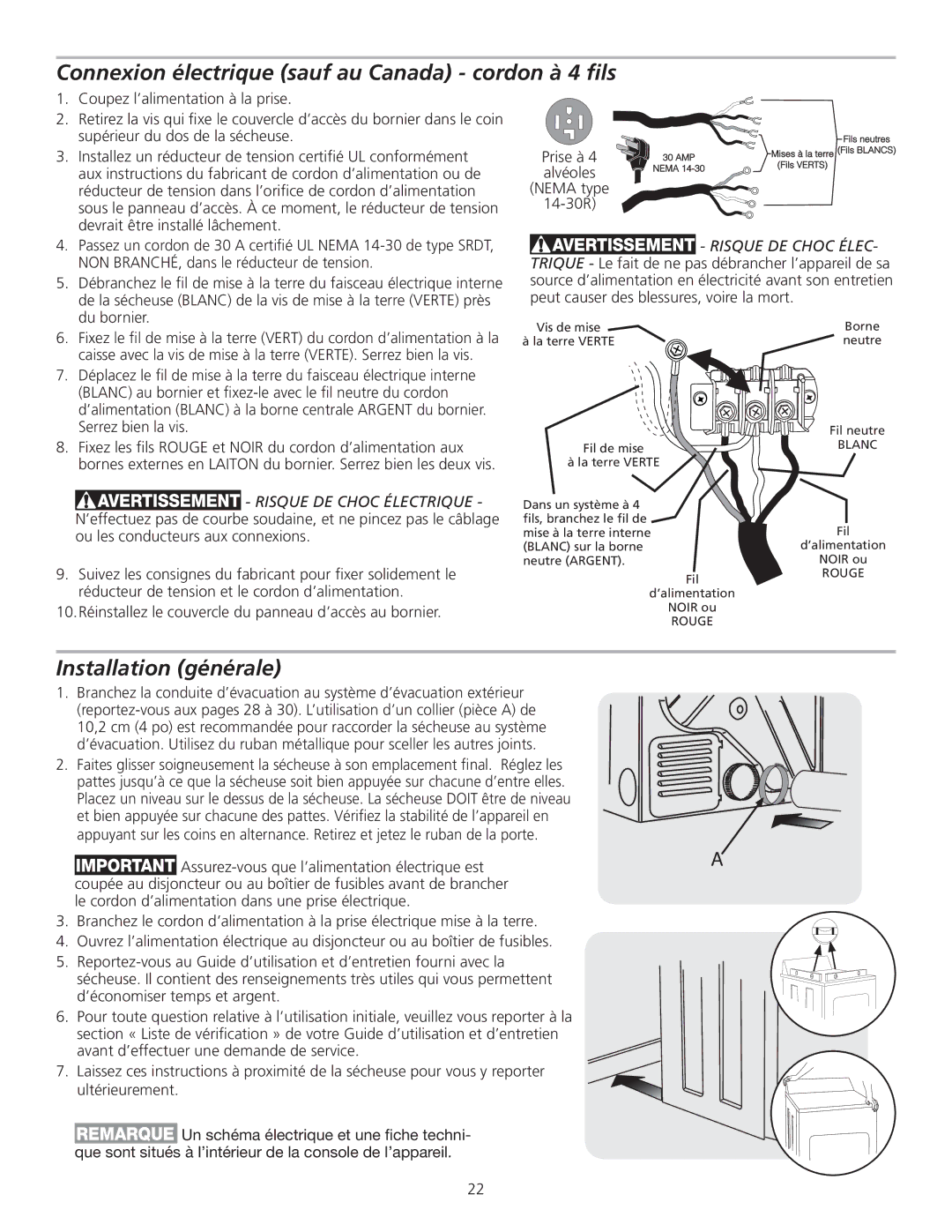 Frigidaire 137153700B Connexion électrique sauf au Canada cordon à 4 ﬁls, Installation générale, Risque DE Choc Élec 